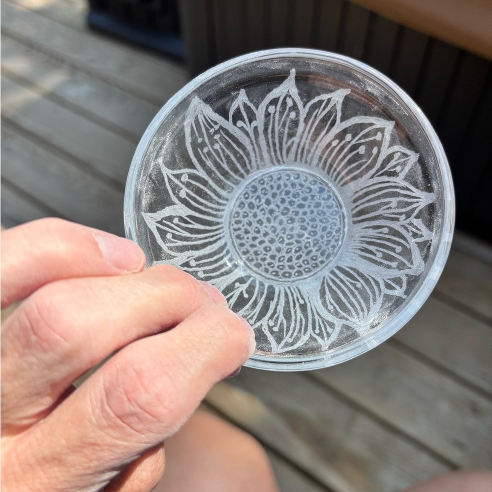 Hand etched sunflower Glass trinket-dip holder